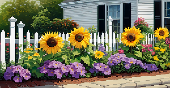 A colorful flower bed with sunflowers and petunias in a bright front yard, surrounded by greenery and a white picket fence.