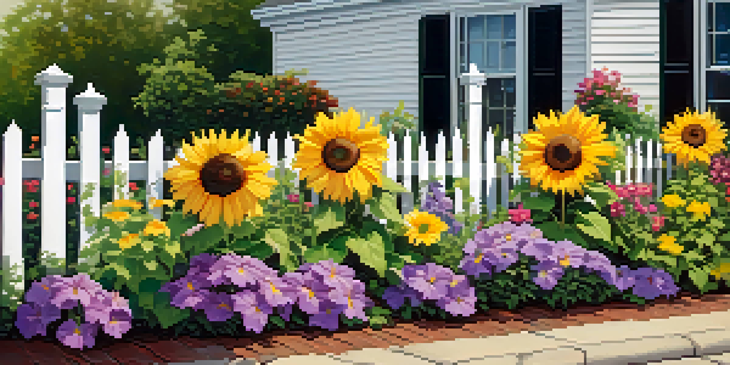 A colorful flower bed with sunflowers and petunias in a bright front yard, surrounded by greenery and a white picket fence.