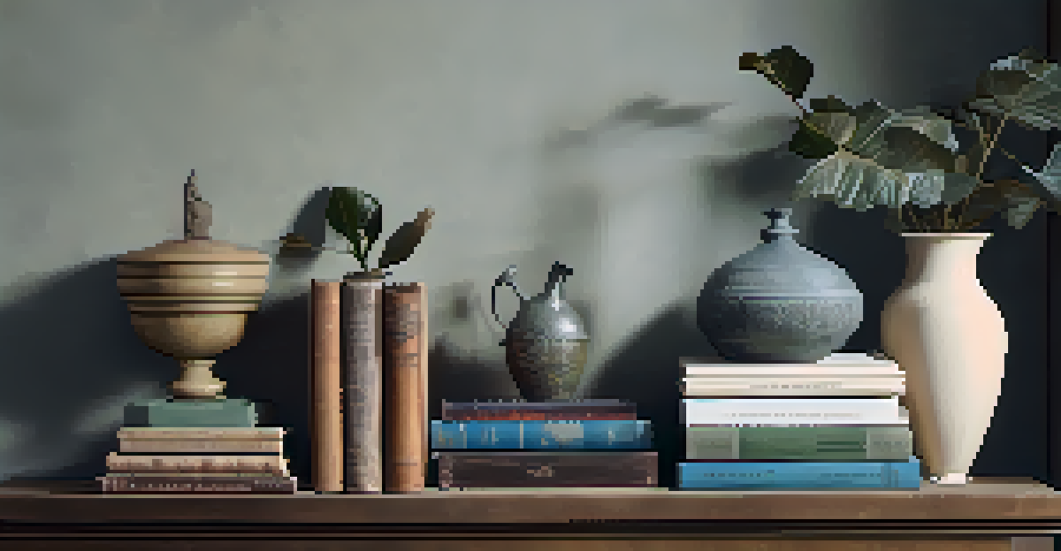 A shelf filled with a mix of vintage books and modern sculptures, set against a muted wall, showcasing various textures and styles.
