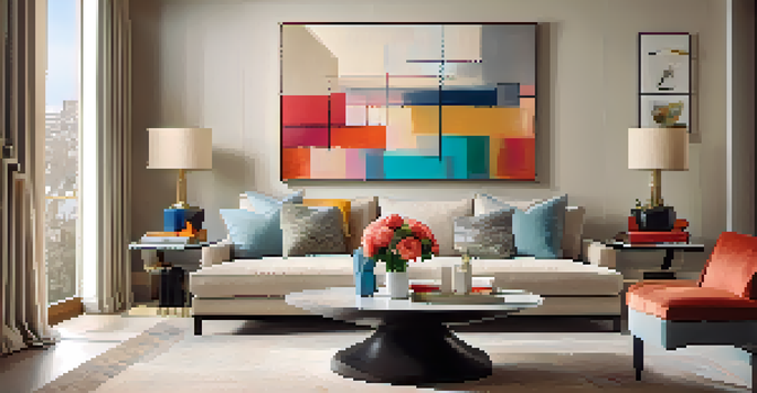 A modern living room with a comfortable sofa, colorful pillows, and large windows letting in natural light.