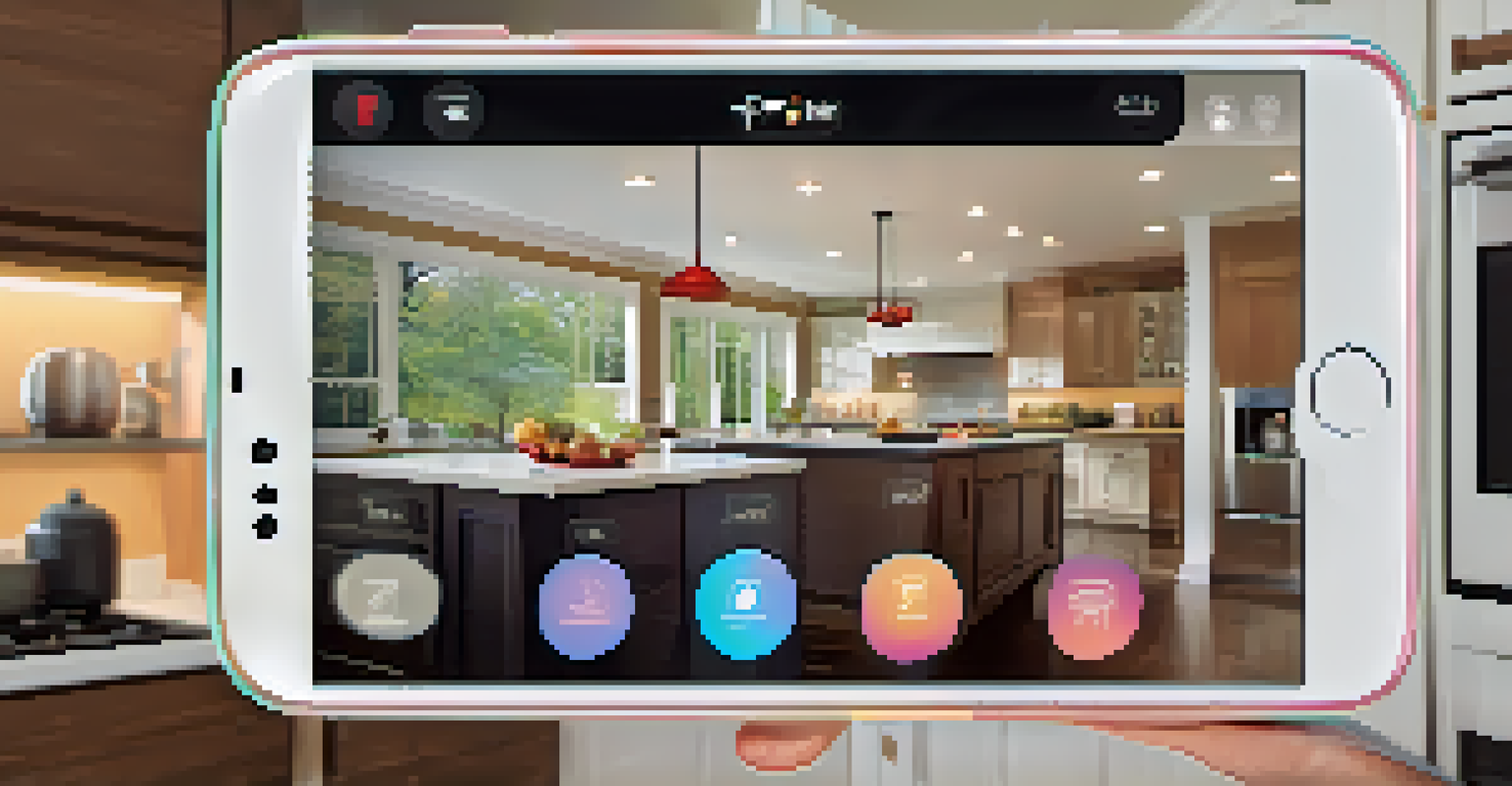 A smartphone showing a smart home app with a live video feed, set against a cozy kitchen backdrop.
