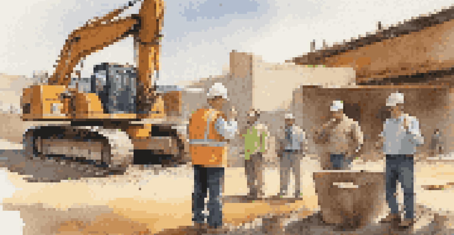 A contractor mediating a discussion between two subcontractors at a construction site, with construction materials in the background and warm sunlight illuminating the scene.