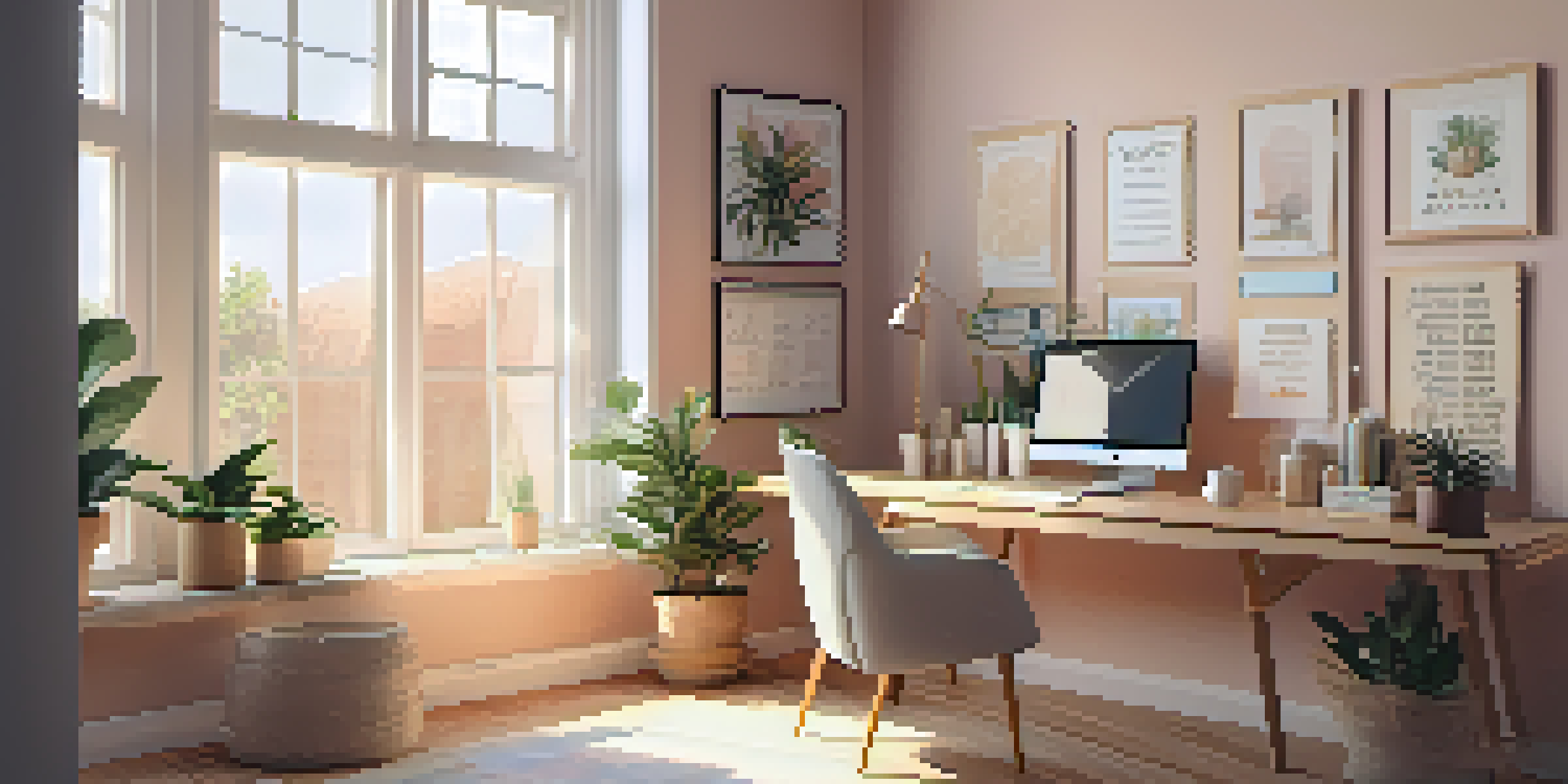 A well-organized home office with a desk, laptop, plant, and warm natural light.