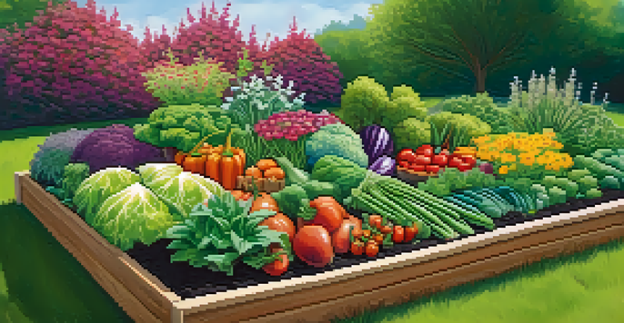 A raised garden bed filled with colorful vegetables and flowers, showcasing healthy plant growth in rich soil.