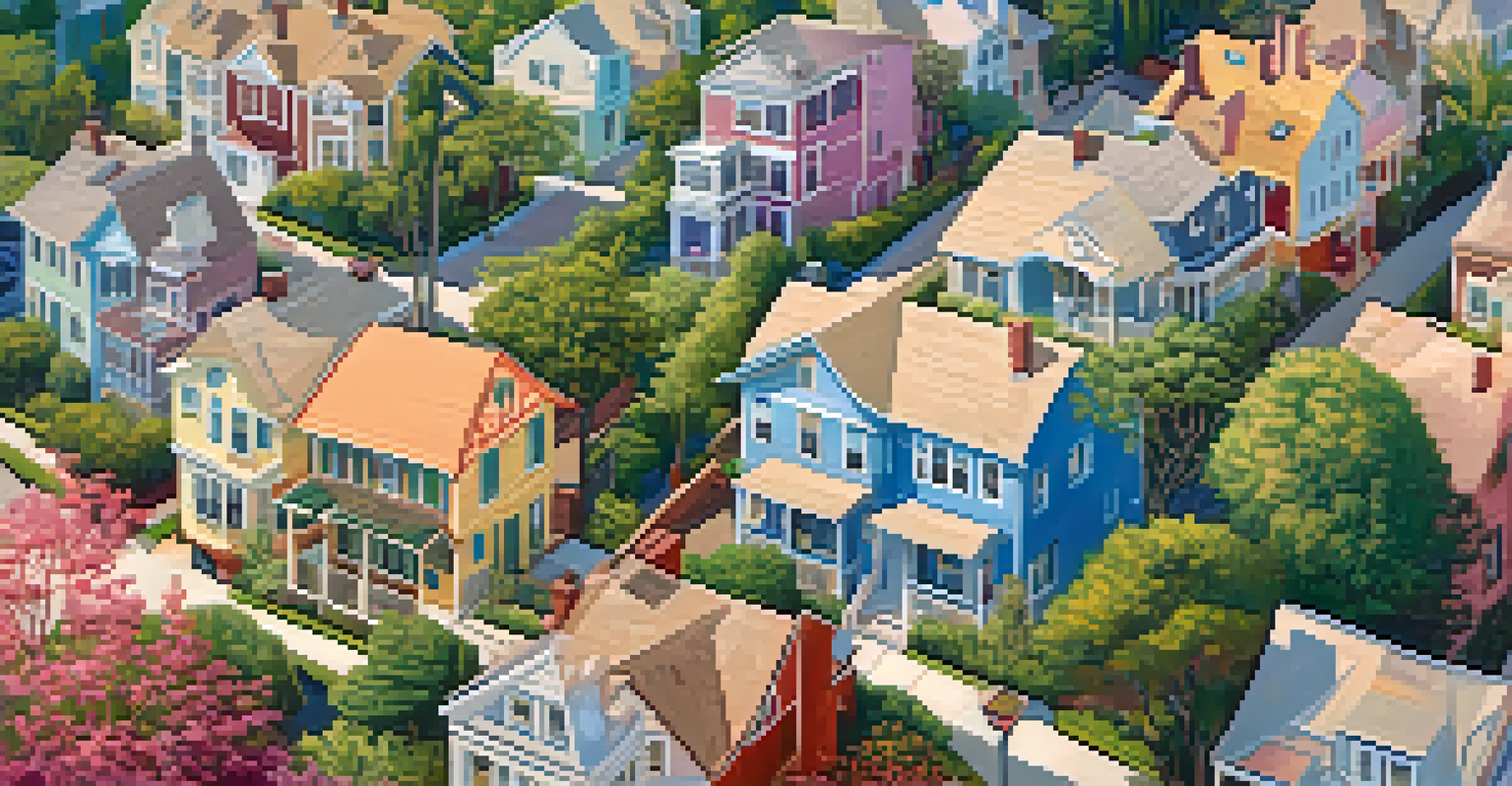 An aerial view of a quaint neighborhood with unique homes showcasing diverse architectural styles against a clear blue sky.