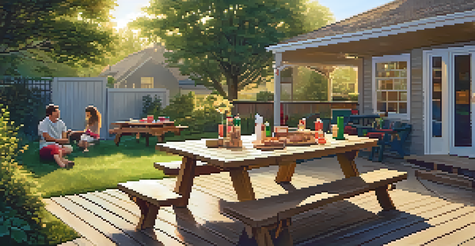 A vibrant outdoor family space with a wooden deck, picnic table, and children playing, surrounded by greenery in the golden evening light.
