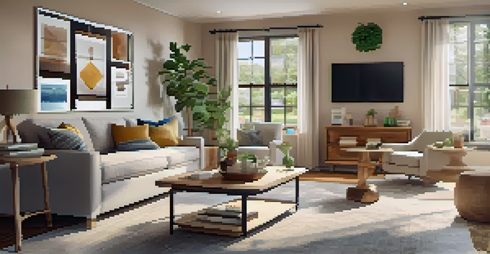 A bright and cozy living room with a modern security system, including cameras and a tablet showing the security app.