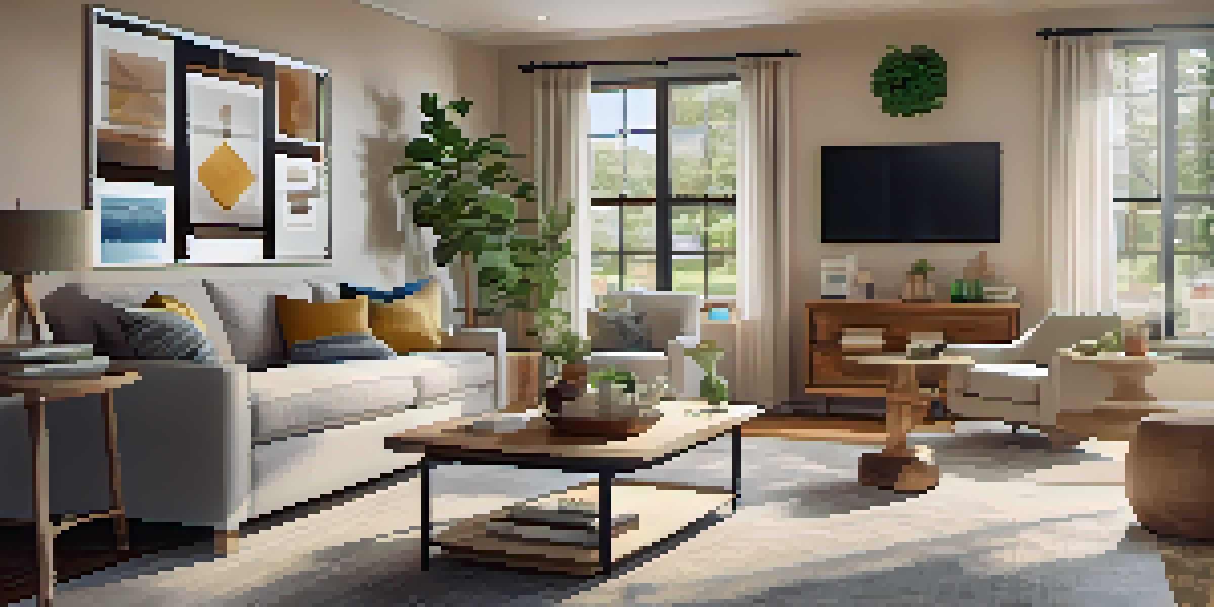 A bright and cozy living room with a modern security system, including cameras and a tablet showing the security app.