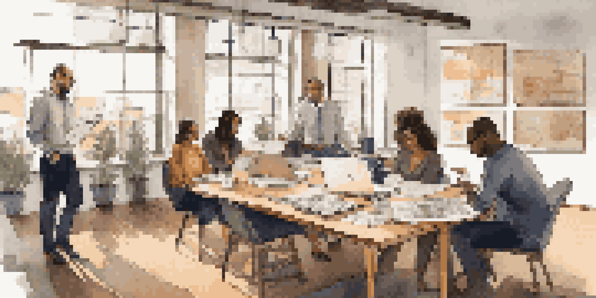 A group of diverse individuals in a bright office space discussing real estate crowdfunding, surrounded by documents and laptops.