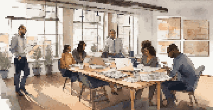 A group of diverse individuals in a bright office space discussing real estate crowdfunding, surrounded by documents and laptops.