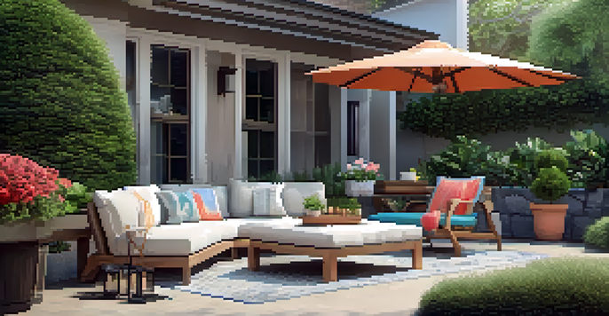 A welcoming outdoor patio with colorful seating and a large umbrella providing shade, surrounded by potted plants.