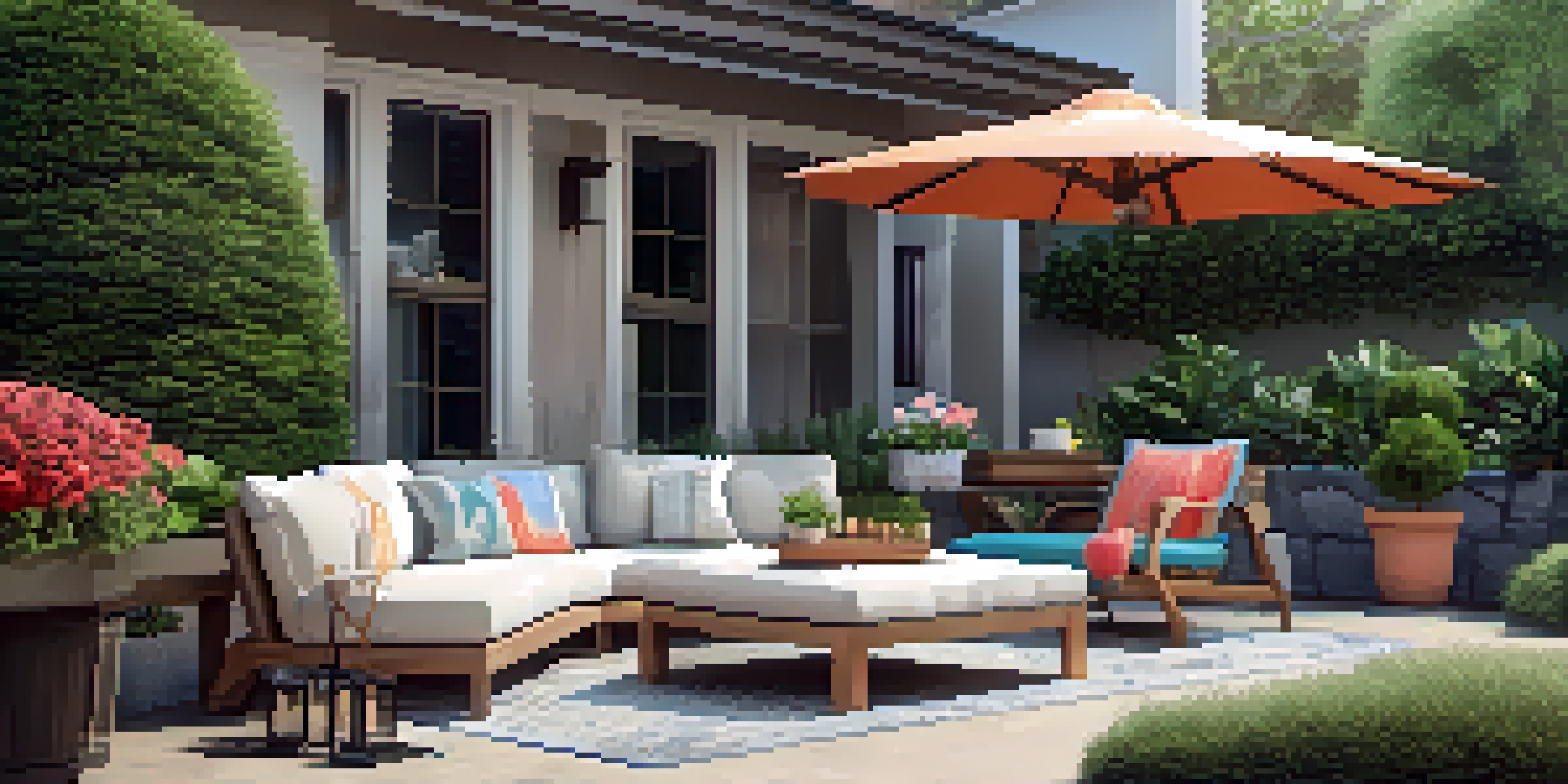 A welcoming outdoor patio with colorful seating and a large umbrella providing shade, surrounded by potted plants.
