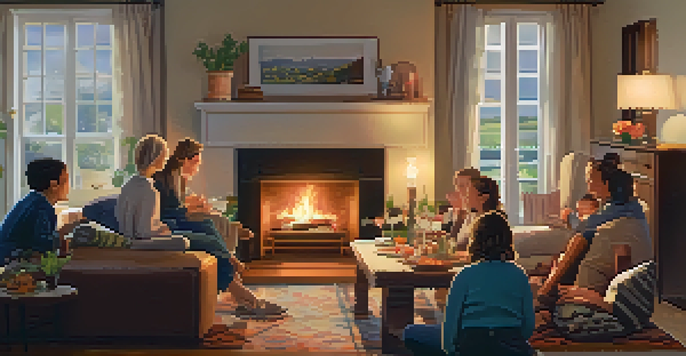 A warm and inviting living room scene with a family enjoying dinner around a table, featuring a fireplace and personal touches.