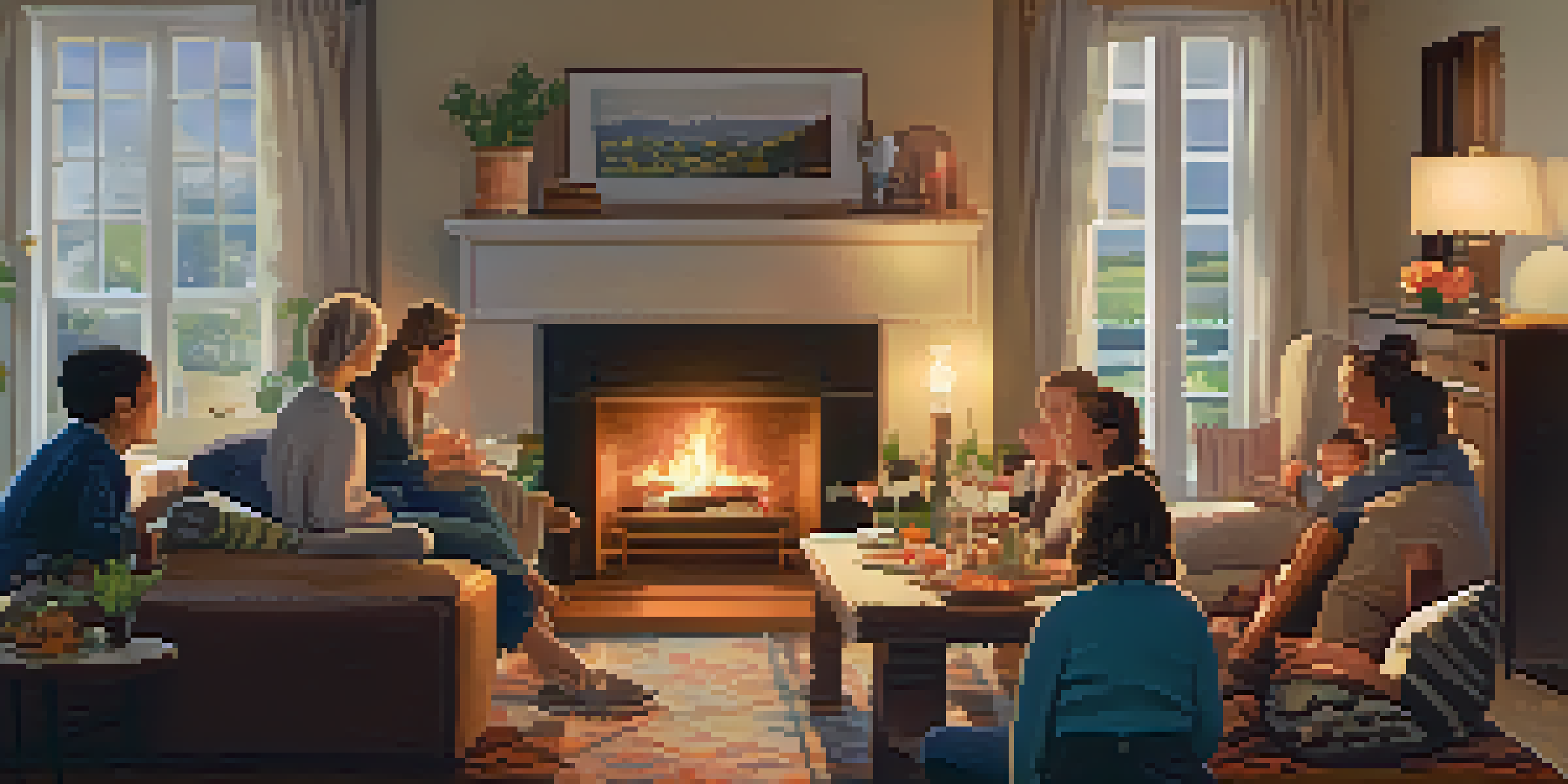 A warm and inviting living room scene with a family enjoying dinner around a table, featuring a fireplace and personal touches.
