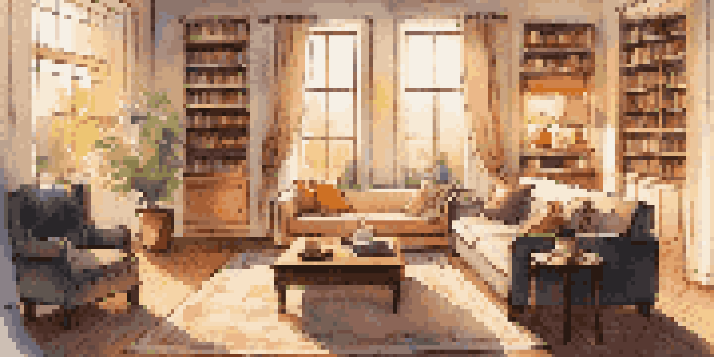 A warm and inviting living room with soft lighting from a floor lamp and natural light from large windows.