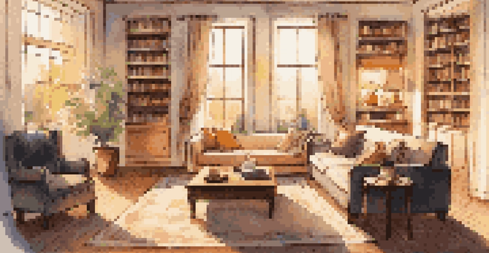 A warm and inviting living room with soft lighting from a floor lamp and natural light from large windows.