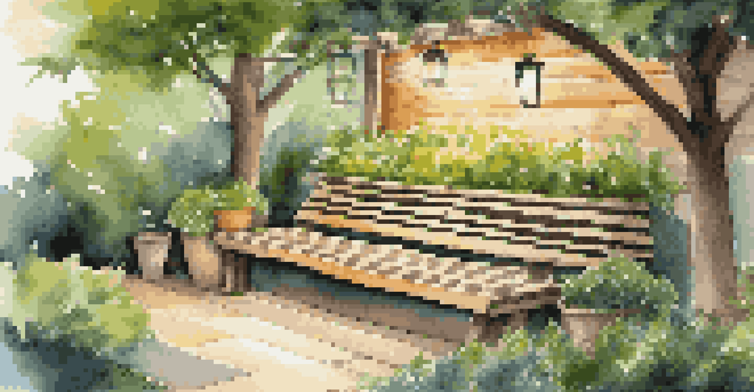 An eco-friendly garden with solar-powered lights, a wooden bench under a tree, and a tranquil ambiance created by cool lighting.