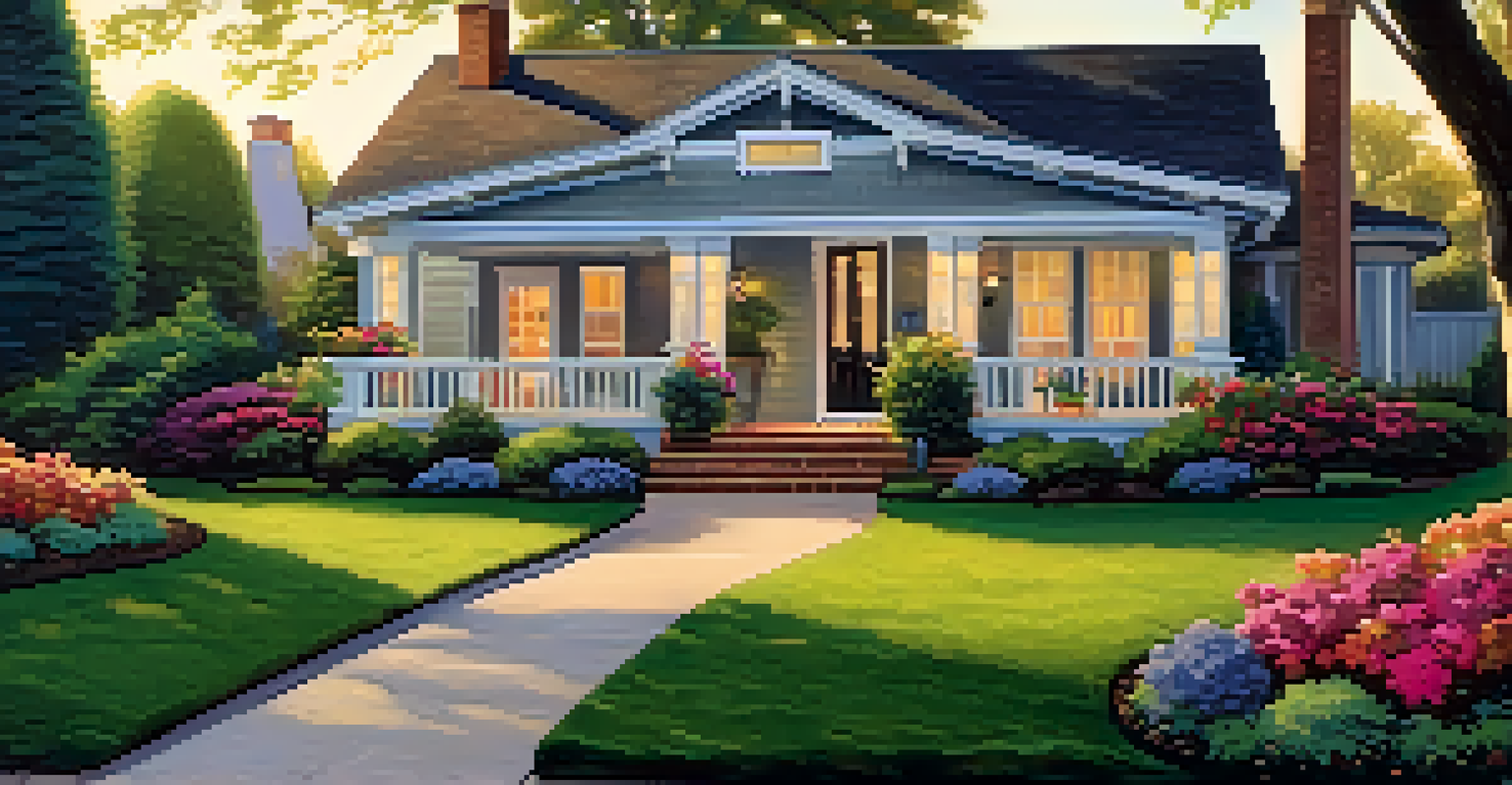 A beautifully landscaped front yard with colorful flowers, a manicured lawn, and a welcoming pathway leading to a bright front door.