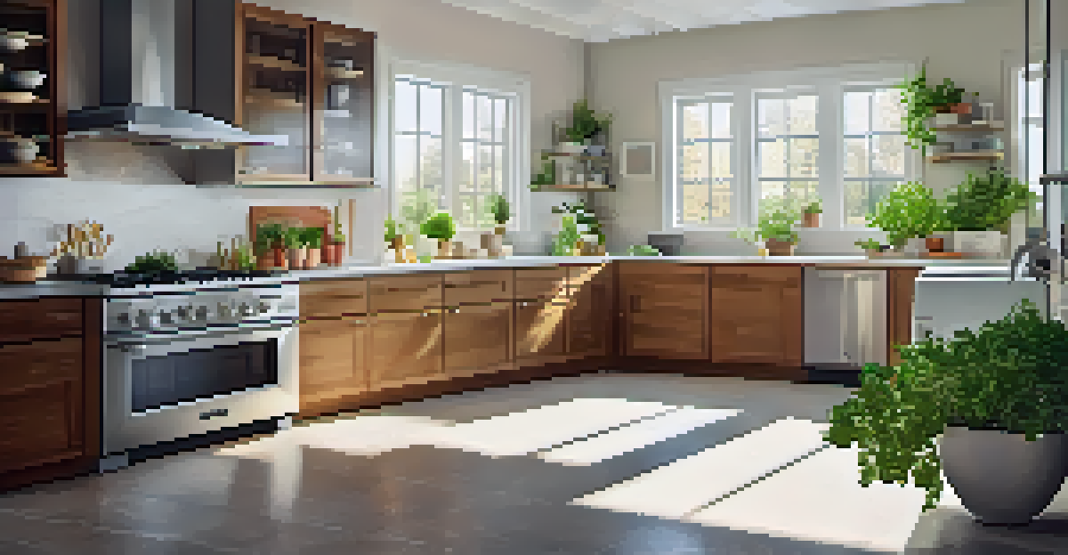 A clean and bright kitchen with sparkling surfaces, sunlight, and fresh herbs on the windowsill.