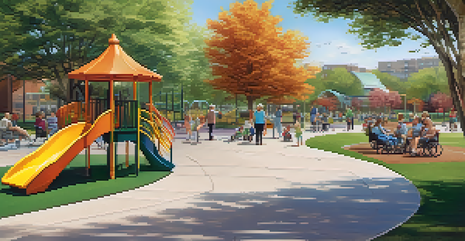 An inclusive public park with wide pathways and ramps, bustling with people of all ages and abilities, including families and seniors.