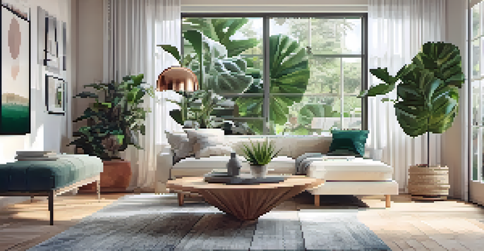 A spacious living room with large windows, a cozy sofa, and various indoor plants, creating a bright and inviting atmosphere.