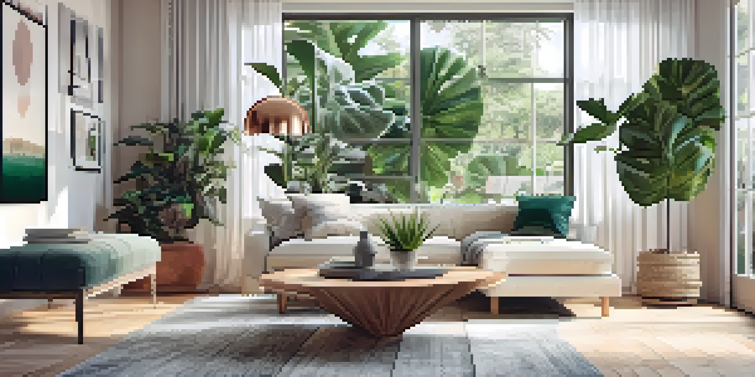 A spacious living room with large windows, a cozy sofa, and various indoor plants, creating a bright and inviting atmosphere.