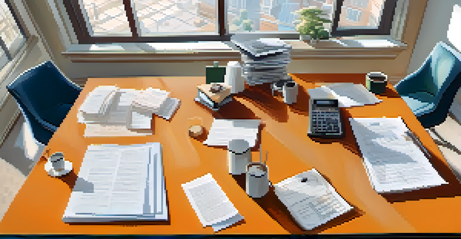 An overhead view of a negotiation table with documents and coffee cups, illuminated by natural light.