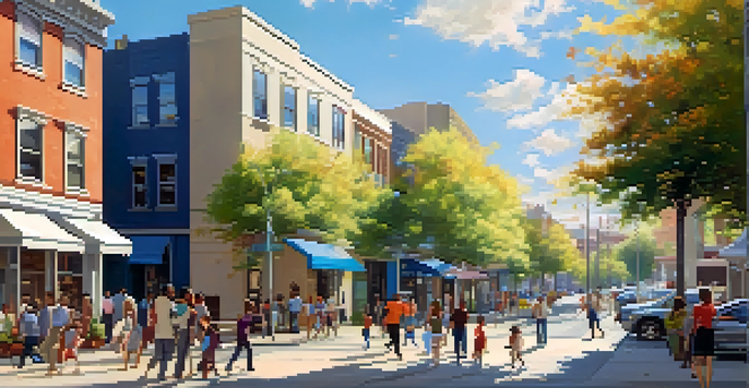 A lively city street filled with families and young professionals enjoying the sunny day, surrounded by colorful houses and greenery.