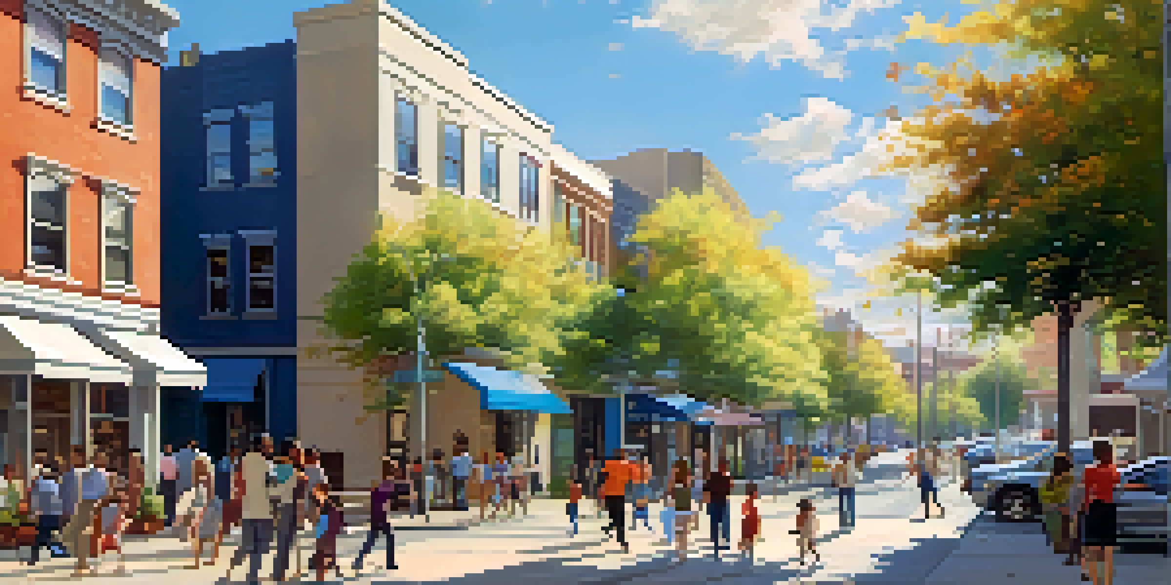 A lively city street filled with families and young professionals enjoying the sunny day, surrounded by colorful houses and greenery.