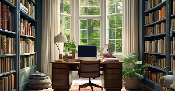 A cozy home office featuring a wooden desk, a vintage lamp, and bookshelves filled with colorful books, with a view of greenery outside.
