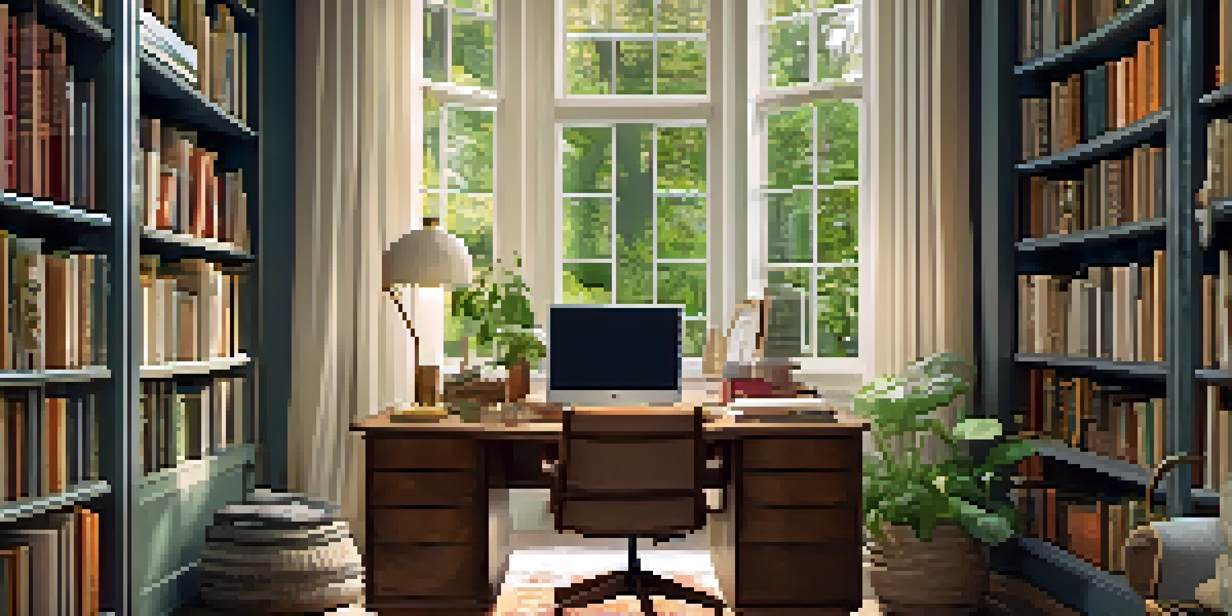 A cozy home office featuring a wooden desk, a vintage lamp, and bookshelves filled with colorful books, with a view of greenery outside.