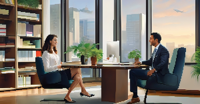 A person in business casual attire engaged in a mortgage interview with a lender in a modern office setting.