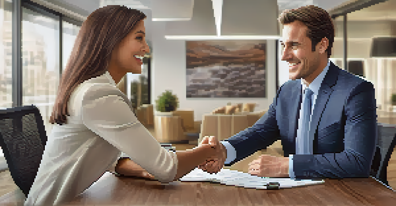 A real estate agent and client shaking hands in a bright office, symbolizing a successful negotiation.