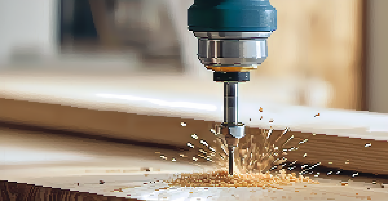 A power drill drilling into wood, with wood shavings flying around and a bright room in the background.