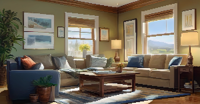 A person reviewing a property inspection report in a bright living room with warm lighting, surrounded by homey decor.