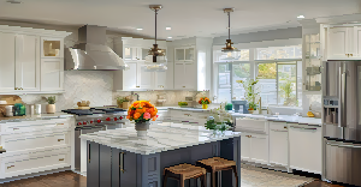A modern kitchen with marble countertops, white cabinetry, and fresh flowers, showcasing a renovated space.