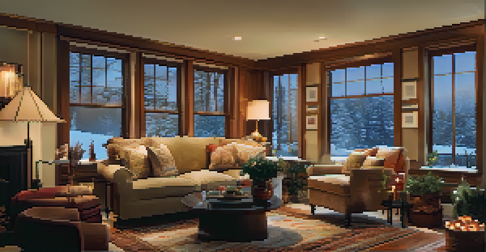 A cozy living room with a well-maintained heating system, soft warm lighting, and a snowy landscape outside.