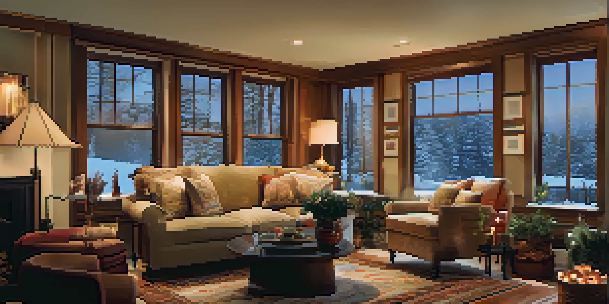 A cozy living room with a well-maintained heating system, soft warm lighting, and a snowy landscape outside.