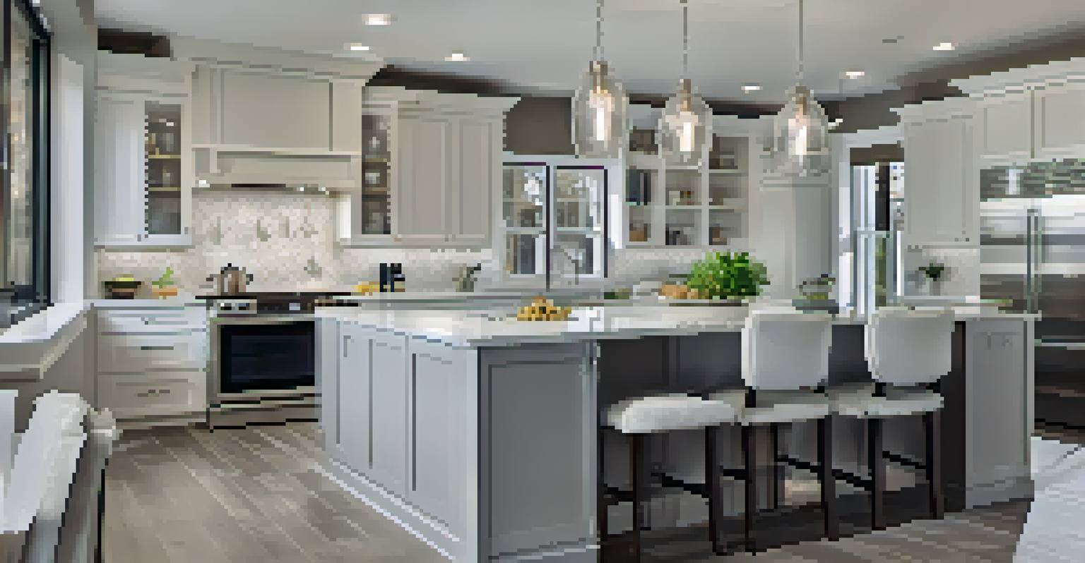 A modern kitchen with a large island, stylish cabinetry, and bright lighting, designed in white and gray tones.