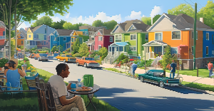 A lively urban neighborhood with diverse cooperative housing, gardens, and residents enjoying outdoor spaces under a sunny sky.