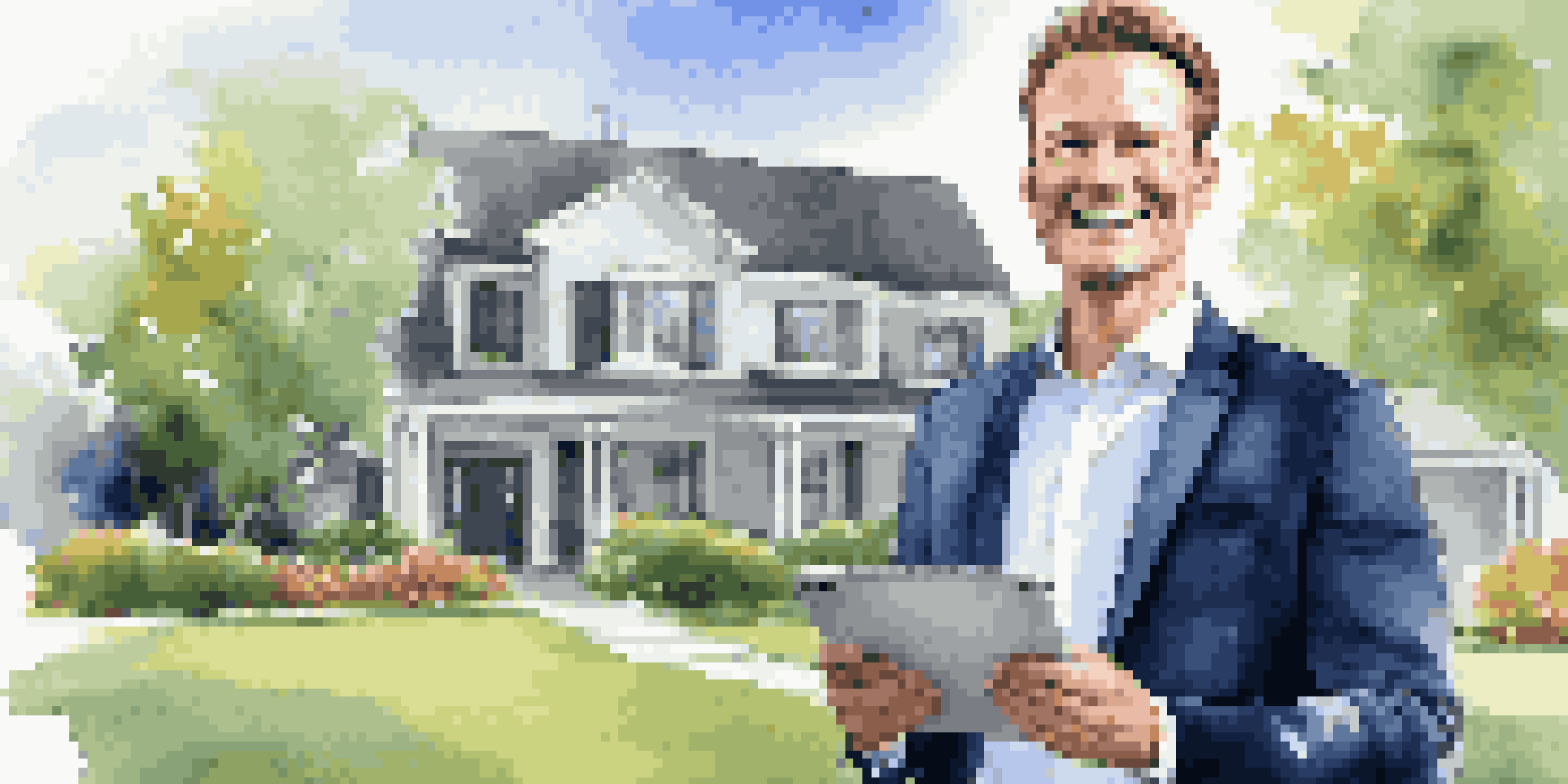 A confident real estate agent stands in front of a modern house, holding a tablet, smiling with a blue sky and flowers around.