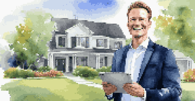 A confident real estate agent stands in front of a modern house, holding a tablet, smiling with a blue sky and flowers around.