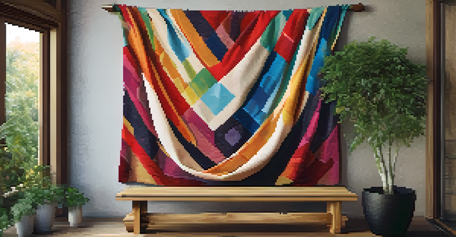 An abstract tapestry draped over a wooden bench, surrounded by potted plants and decor.