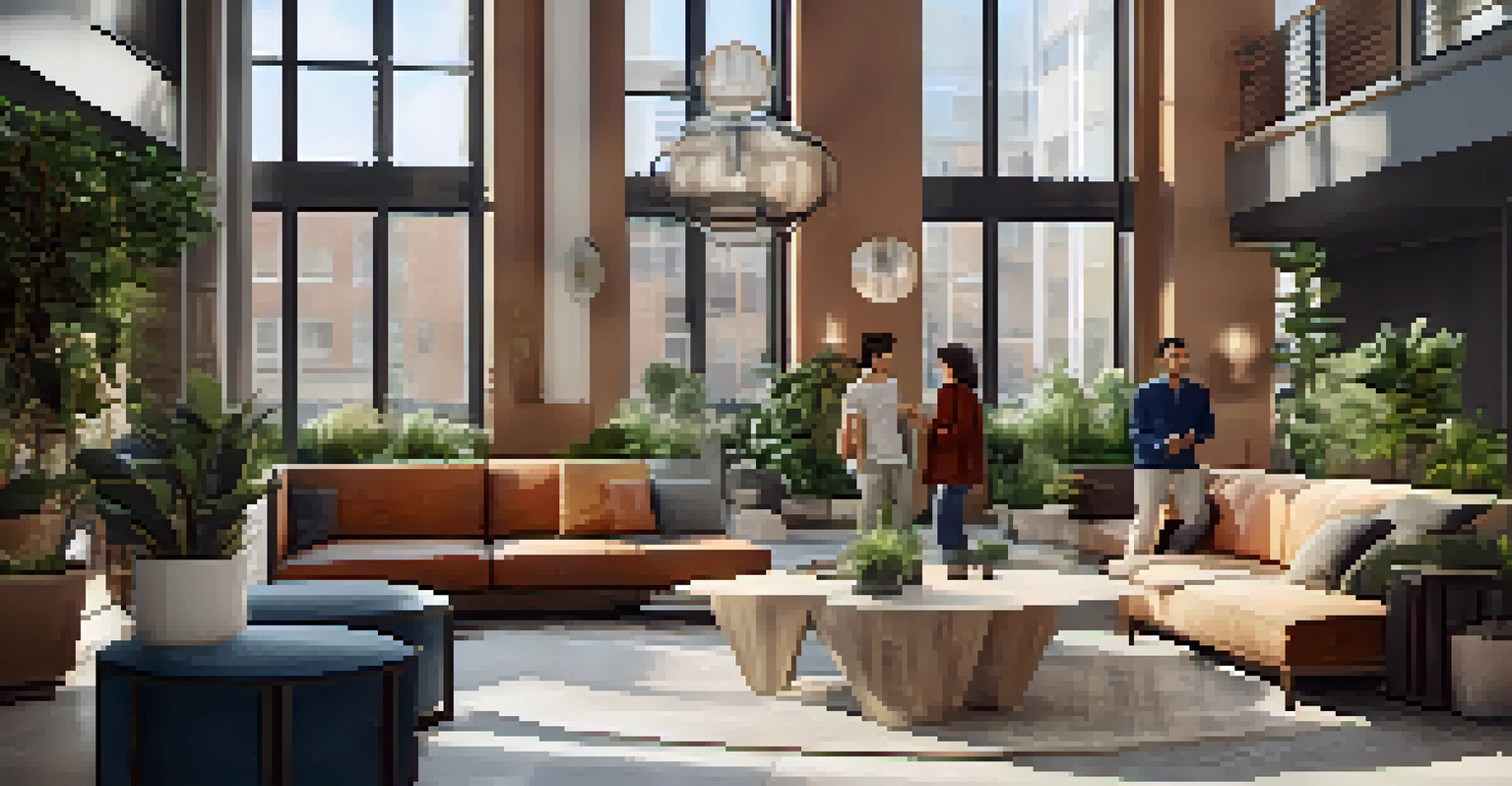 A communal lounge area in an urban apartment complex, featuring modern furniture and residents socializing.