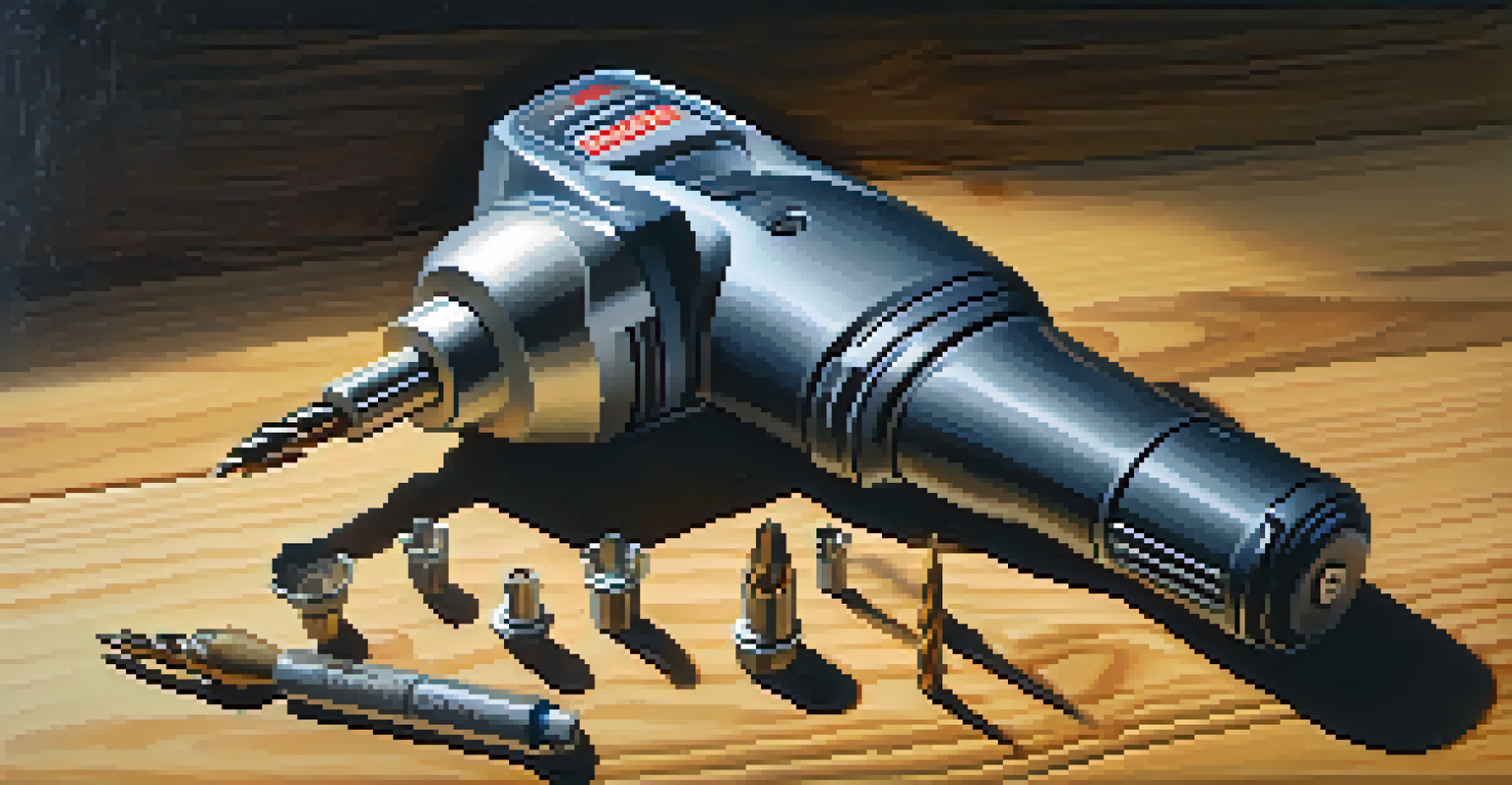 A close-up view of a cordless drill with scattered drill bits on a wooden surface, highlighting the drill's ergonomic design and metallic textures.