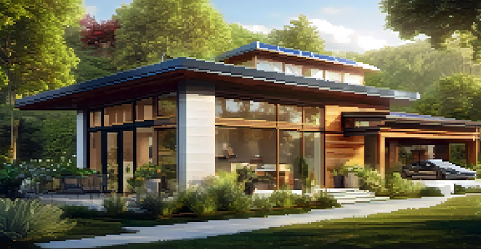 A modern eco-friendly house with solar panels and a green garden, illuminated by warm sunlight.