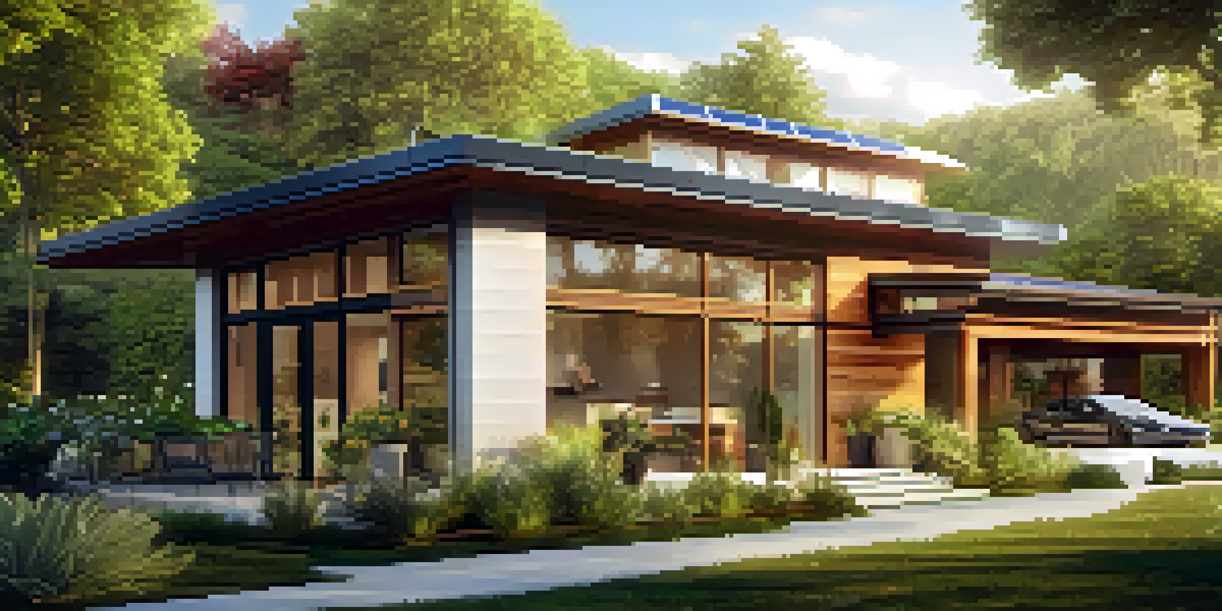 A modern eco-friendly house with solar panels and a green garden, illuminated by warm sunlight.