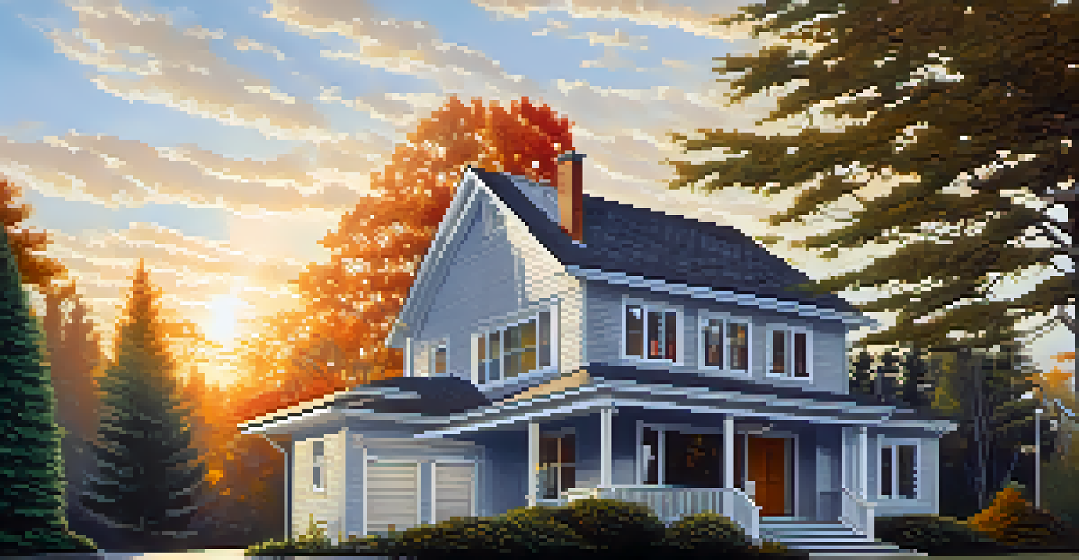 A home inspector examining the roof of a house with a clipboard, surrounded by trees and a clear pathway.