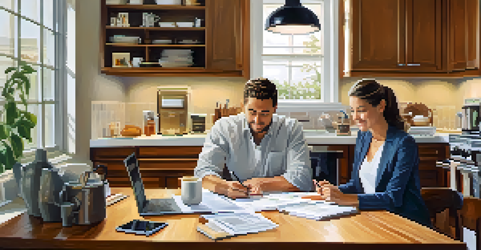 A couple discussing financial planning at a kitchen table with documents and a calculator.