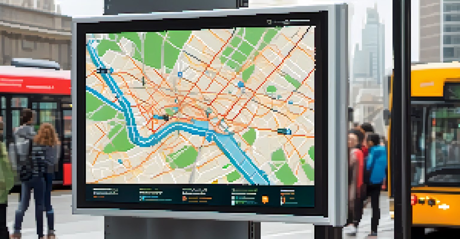 A digital transport map at a bus stop, displaying real-time data, with commuters waiting around a modern bus shelter.